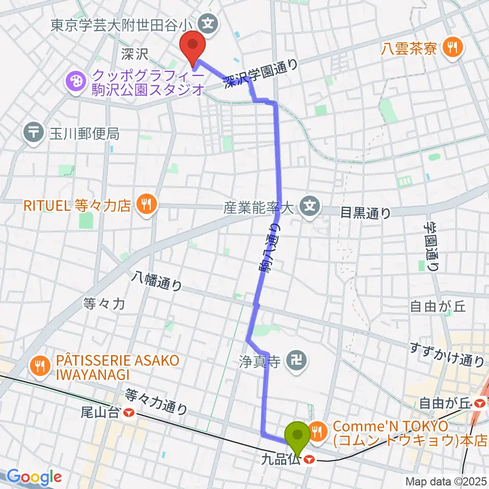 九品仏駅からアライブレコーディングスタジオへのルートマップ地図