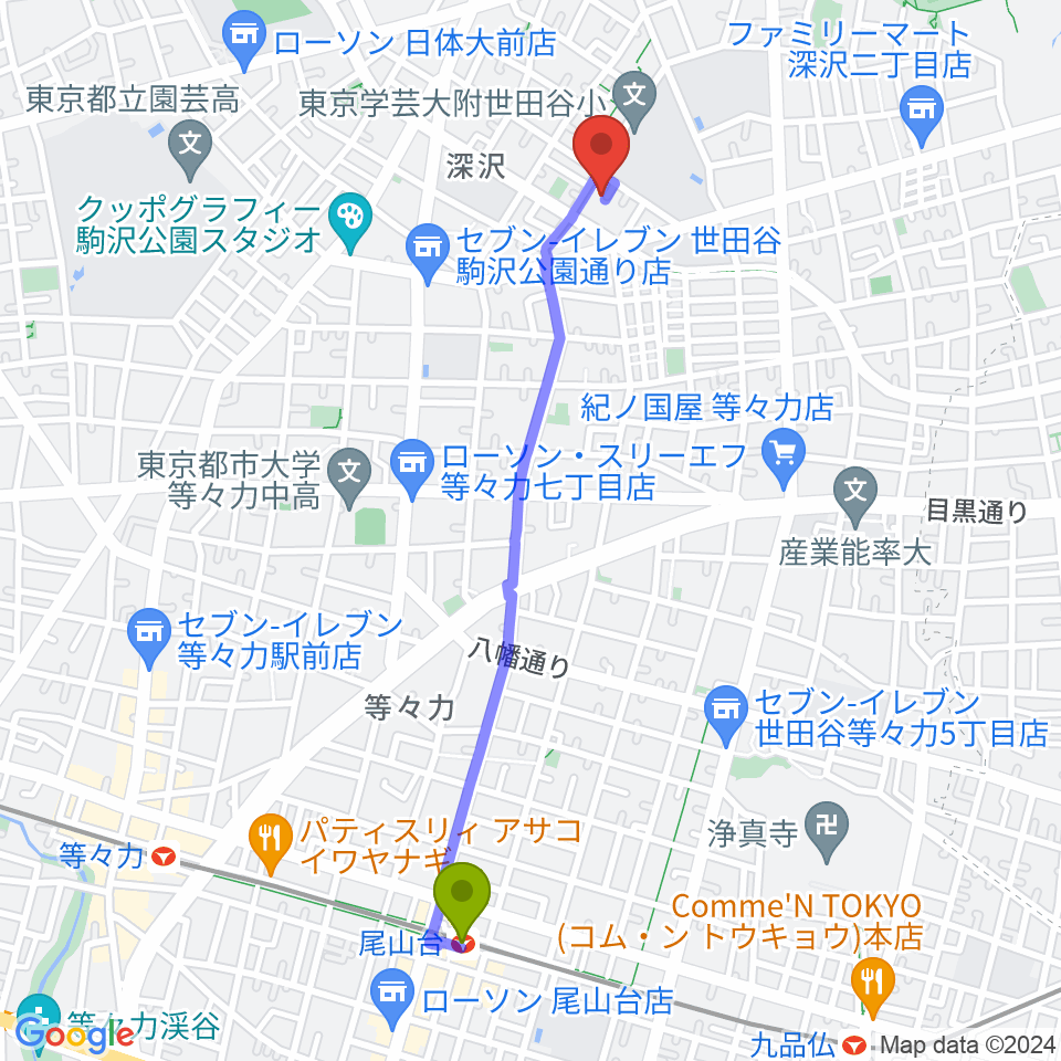 アライブレコーディングスタジオの最寄駅尾山台駅からの徒歩ルート（約22分）地図