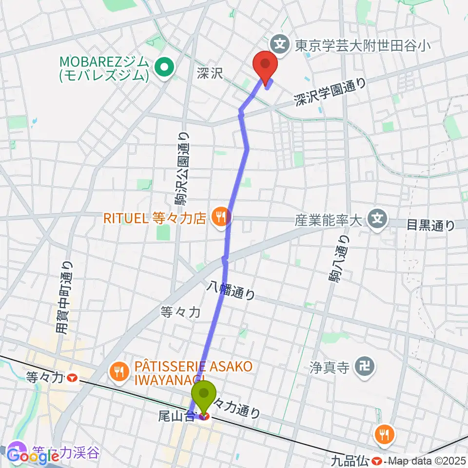 アライブレコーディングスタジオの最寄駅尾山台駅からの徒歩ルート（約22分）地図