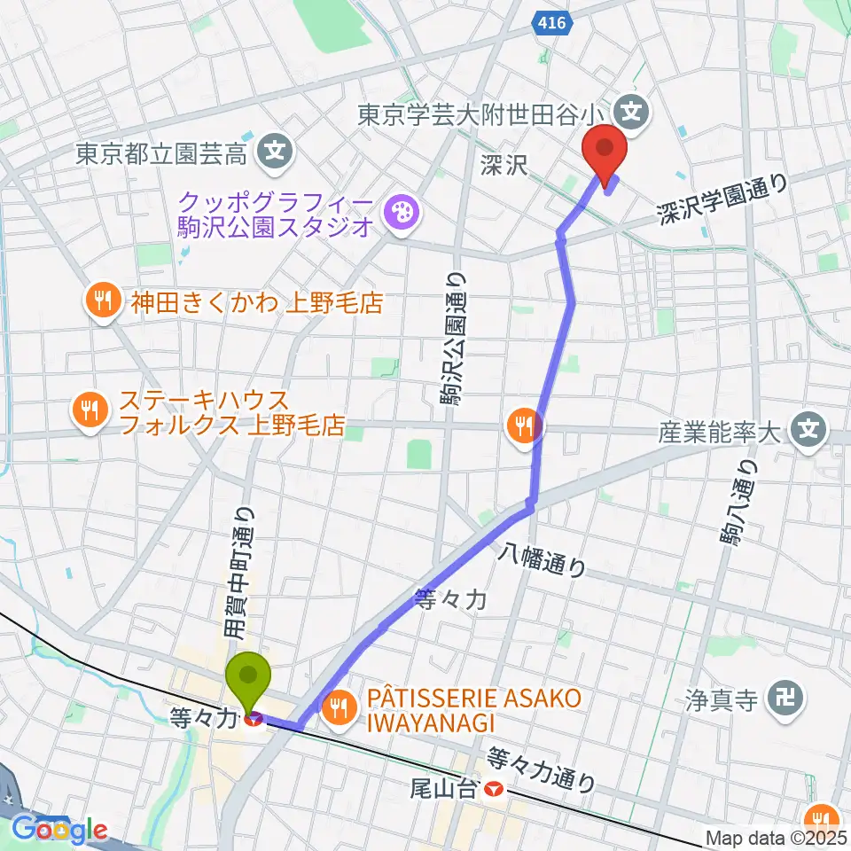 等々力駅からアライブレコーディングスタジオへのルートマップ地図