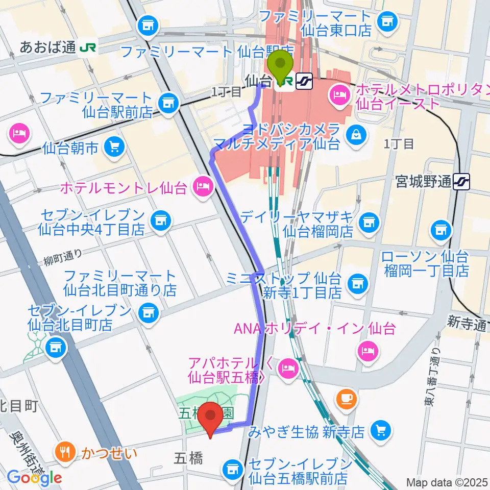 仙台駅からSTUDIO B/2 五橋店へのルートマップ地図