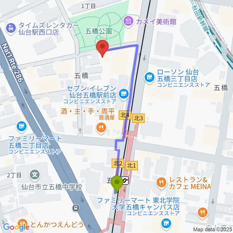 STUDIO B/2 五橋店の最寄駅五橋駅からの徒歩ルート（約4分）地図