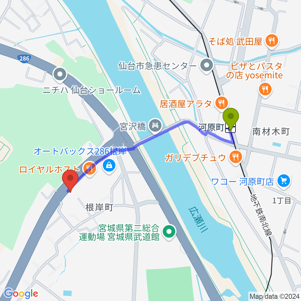 STUDIO B/2 286店の最寄駅河原町駅からの徒歩ルート（約9分）地図