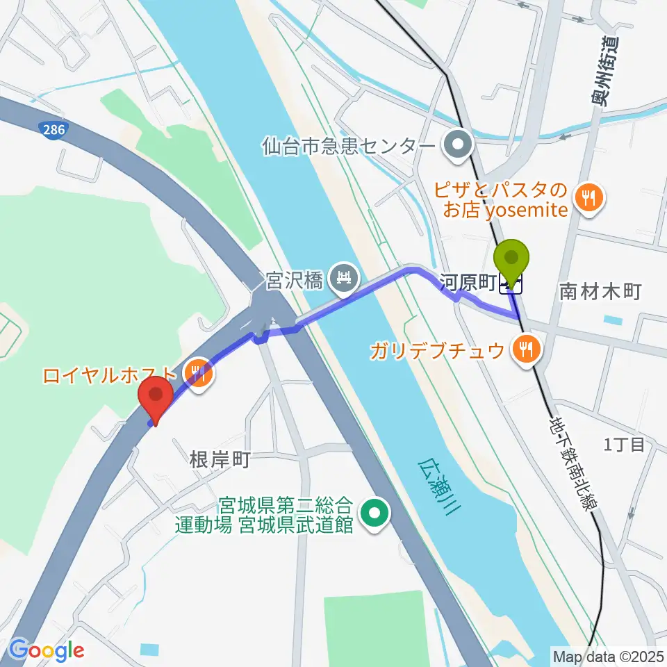 STUDIO B/2 286店の最寄駅河原町駅からの徒歩ルート（約9分）地図