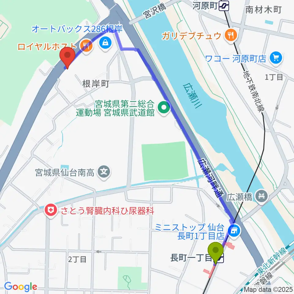 長町一丁目駅からSTUDIO B/2 286店へのルートマップ地図