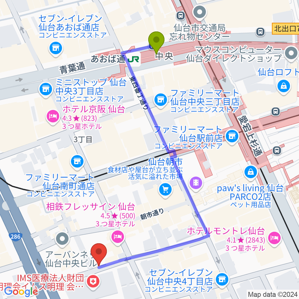 仙台中央音楽センターの最寄駅あおば通駅からの徒歩ルート（約6分）地図