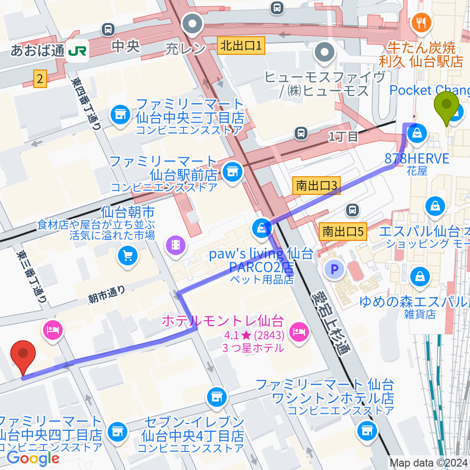 仙台駅から仙台中央音楽センターへのルートマップ地図