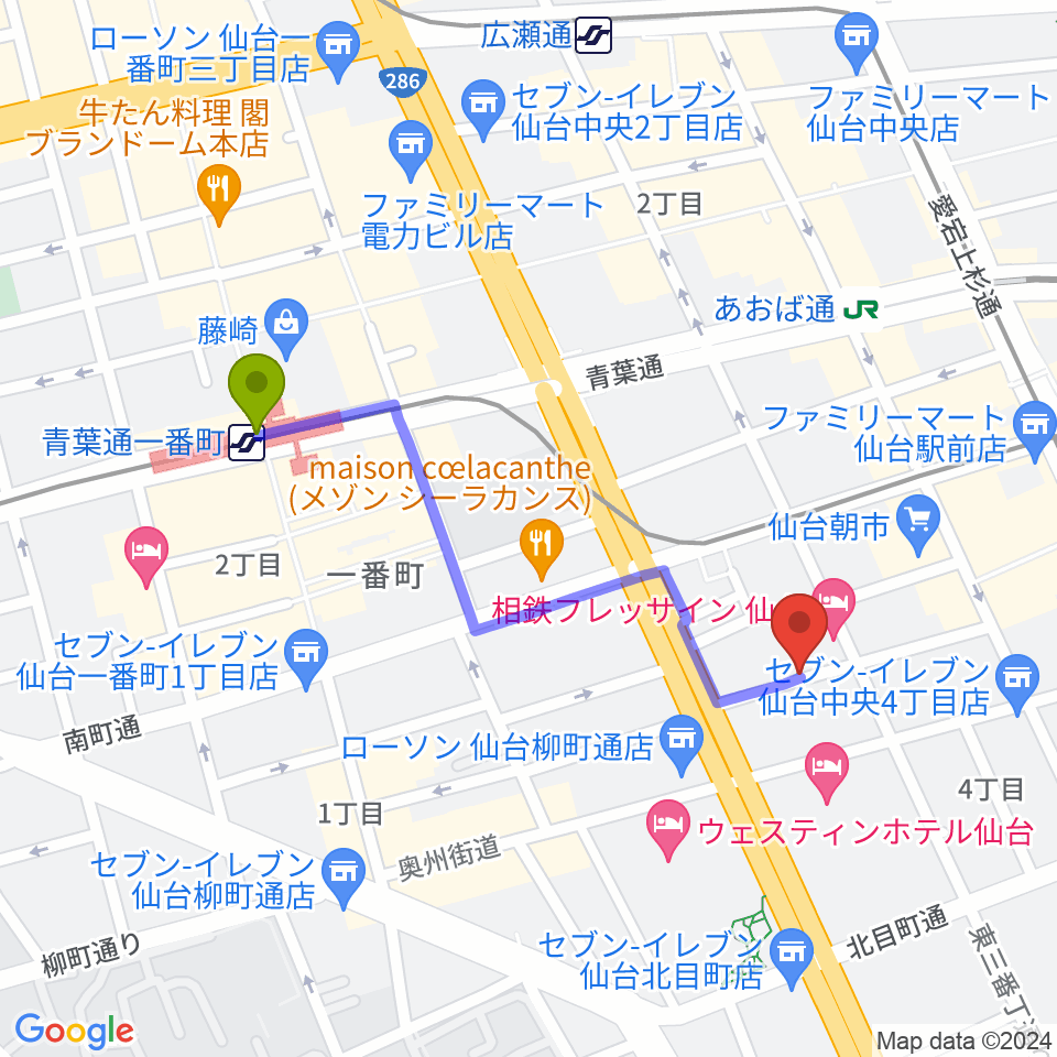 青葉通一番町駅から仙台中央音楽センターへのルートマップ地図