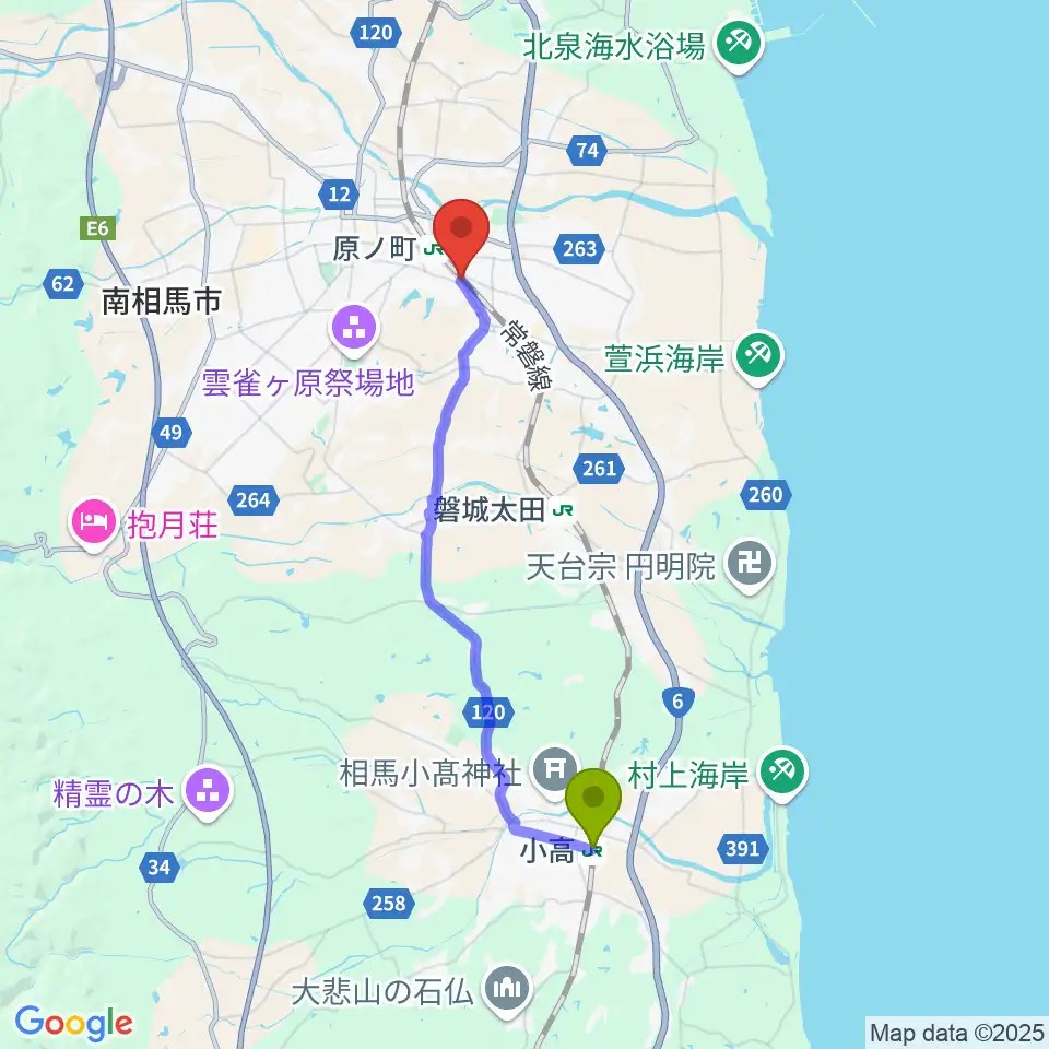 小高駅から南相馬BACK BEAT サウンドファクトリースタジオへのルートマップ地図