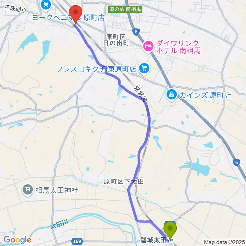 磐城太田駅から南相馬BACK BEAT サウンドファクトリースタジオへのルートマップ地図