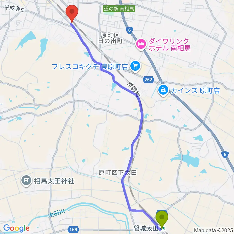 磐城太田駅から南相馬BACK BEAT サウンドファクトリースタジオへのルートマップ地図