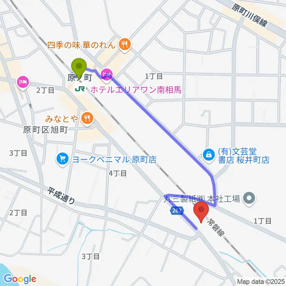 南相馬BACK BEAT サウンドファクトリースタジオの最寄駅原ノ町駅からの徒歩ルート（約10分）地図
