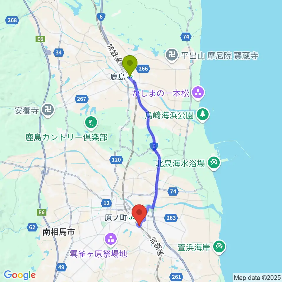 鹿島駅から南相馬BACK BEAT サウンドファクトリースタジオへのルートマップ地図