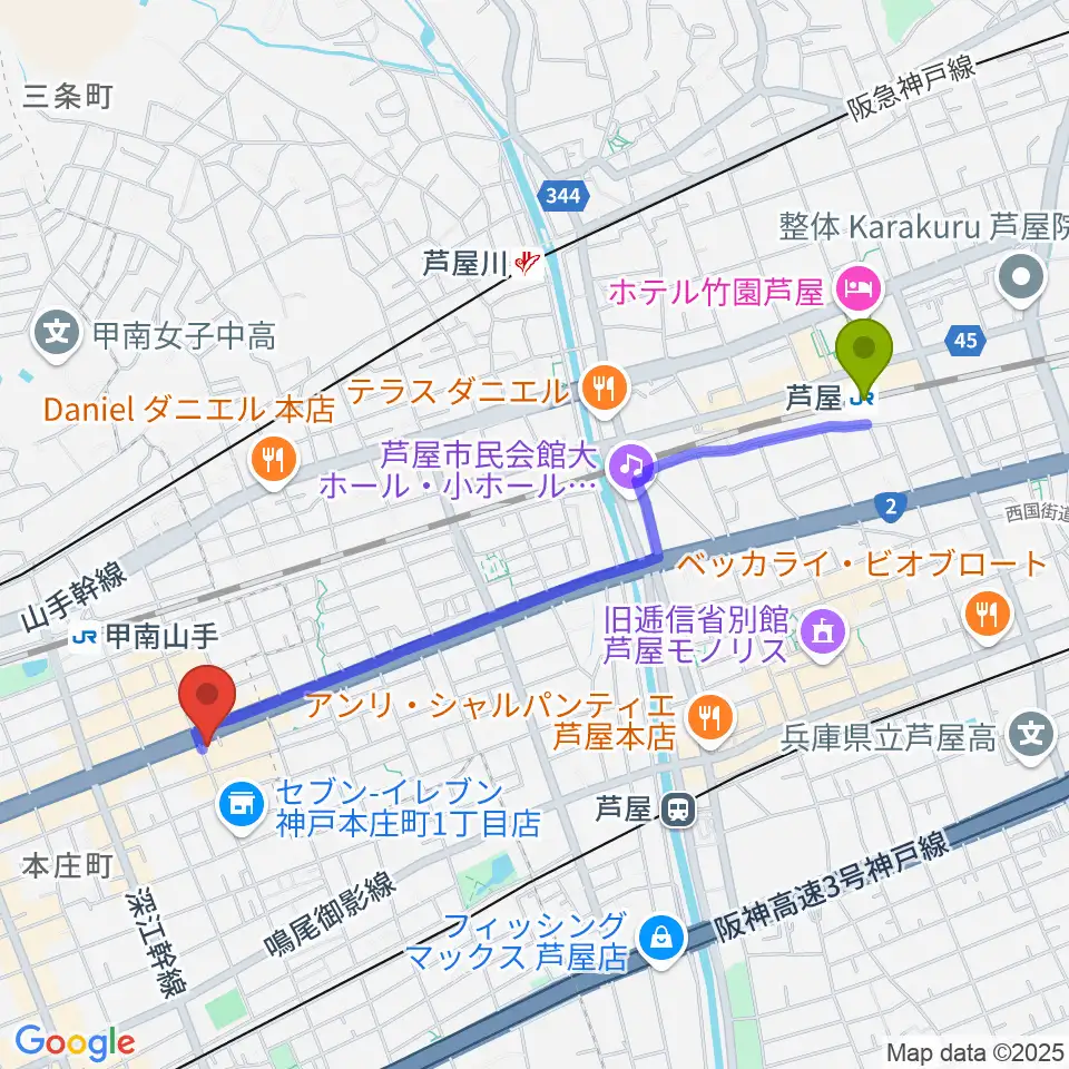 芦屋駅からzing musicへのルートマップ地図