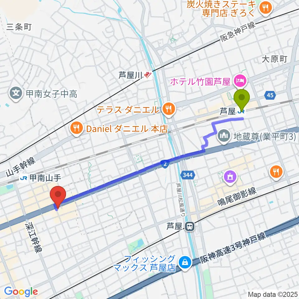 芦屋駅からzing musicへのルートマップ地図