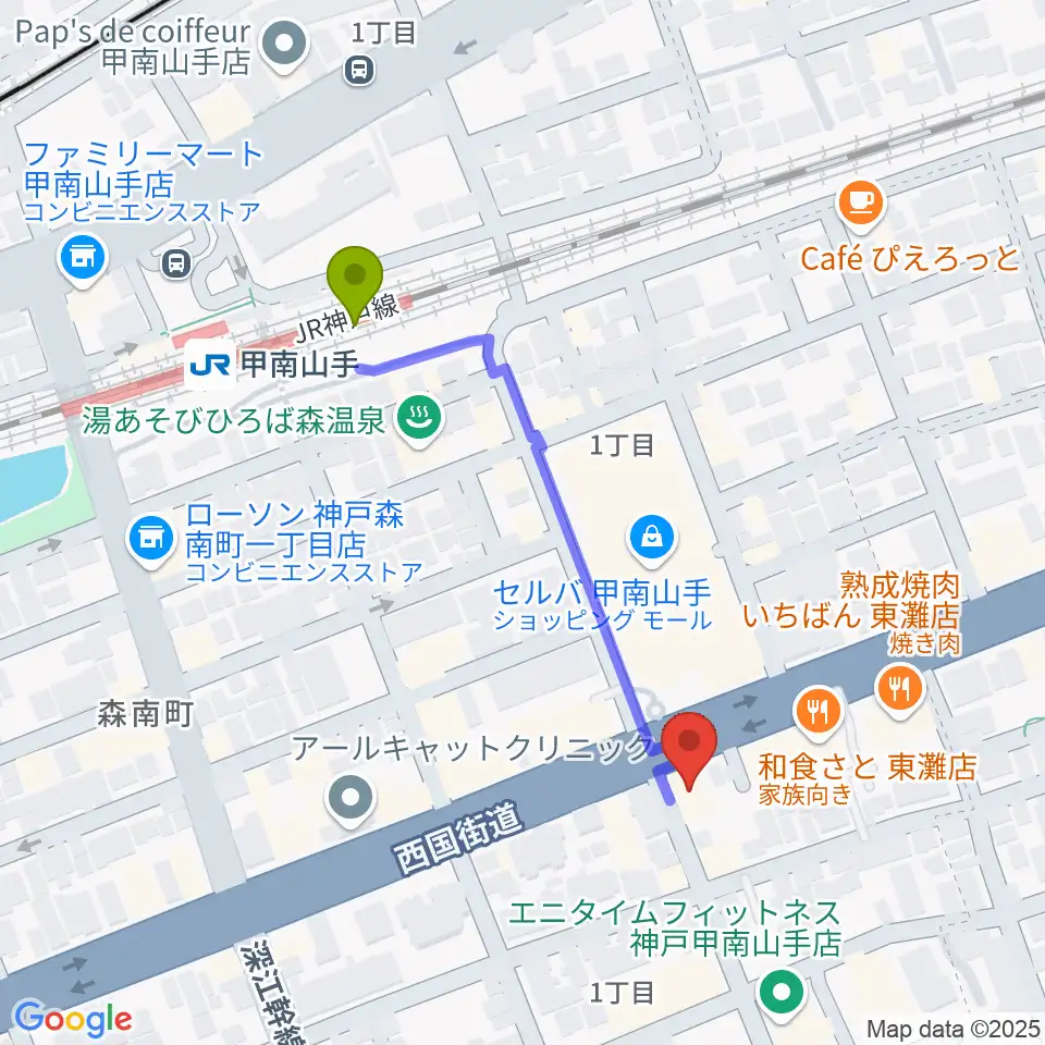 zing musicの最寄駅甲南山手駅からの徒歩ルート（約4分）地図