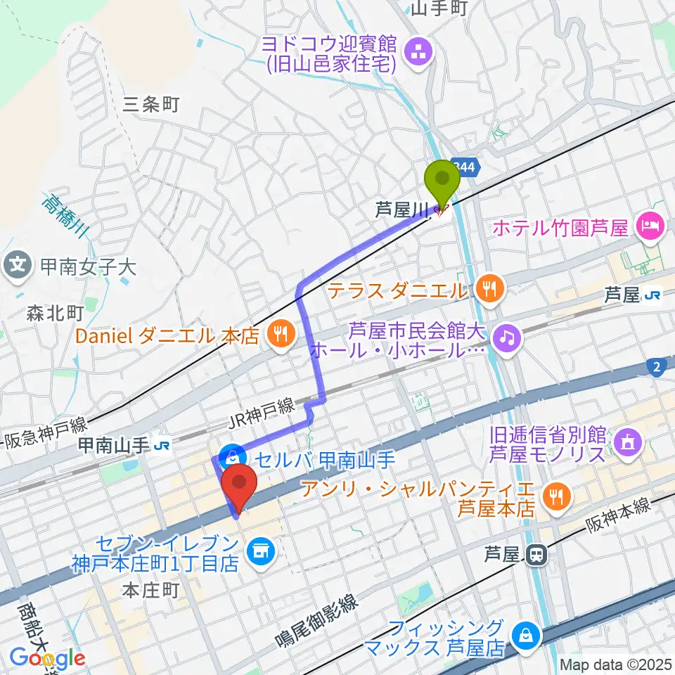 芦屋川駅からzing musicへのルートマップ地図