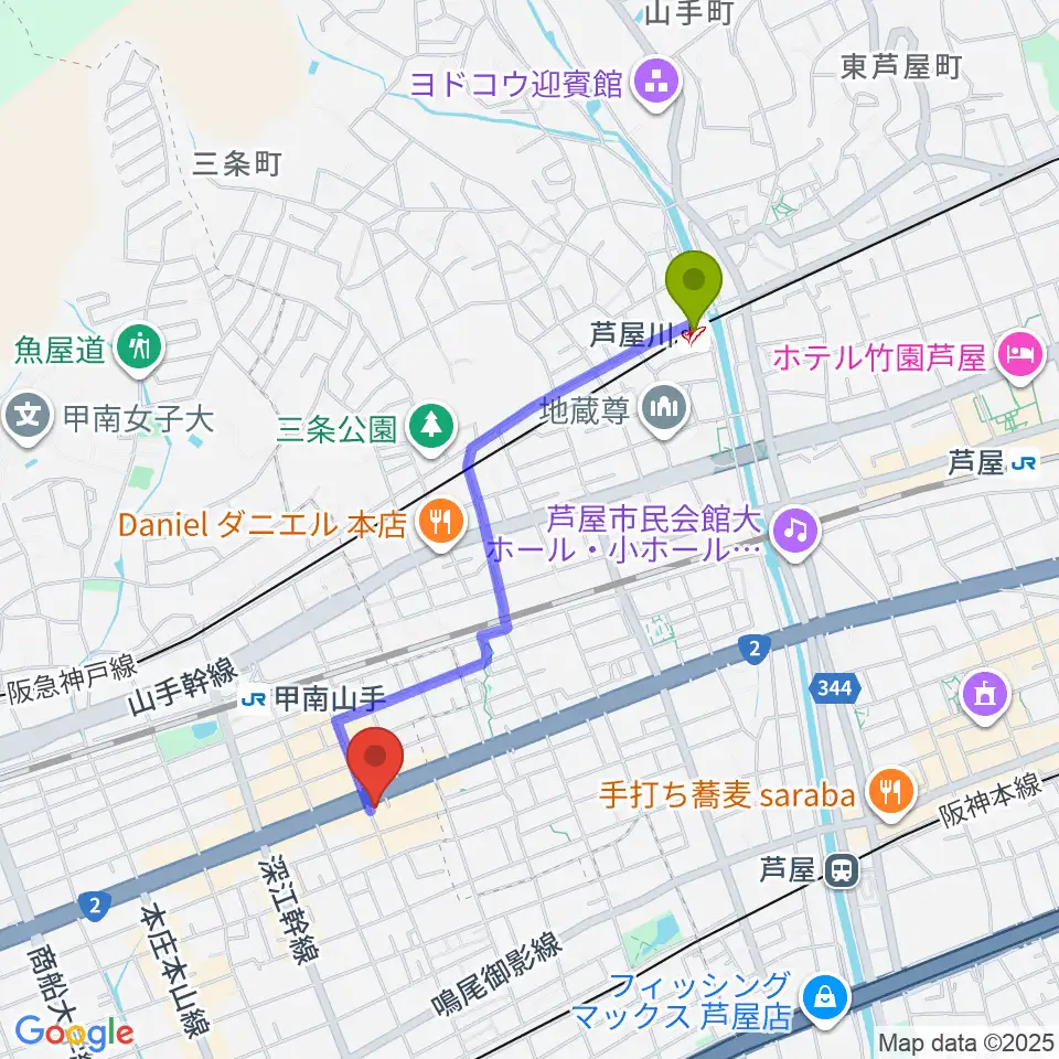 芦屋川駅からzing musicへのルートマップ地図