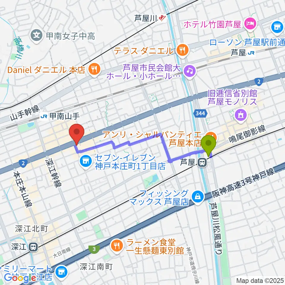 芦屋駅からzing musicへのルートマップ地図