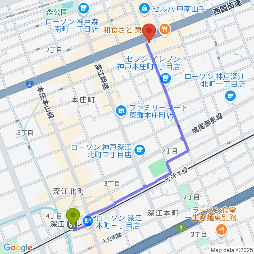 深江駅からzing musicへのルートマップ地図