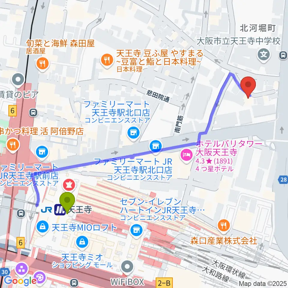 K's Music Lab ギター教室の最寄駅天王寺駅からの徒歩ルート（約6分）地図