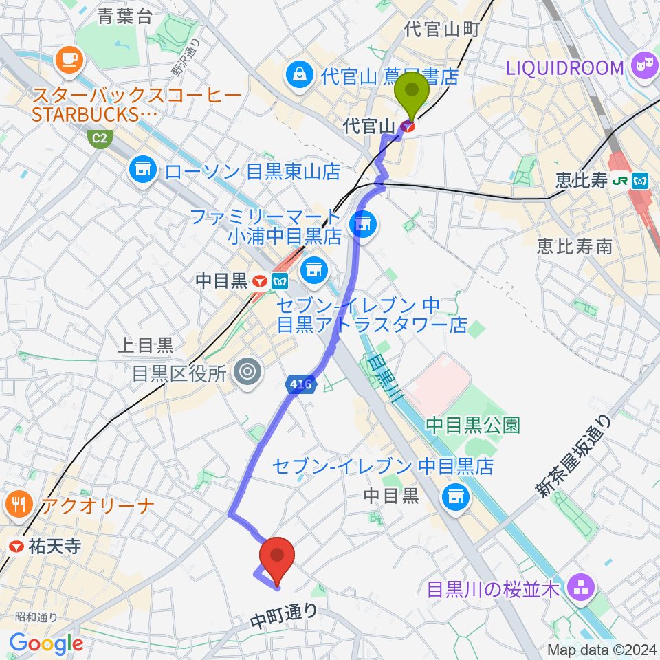 代官山駅からジャズ・ソノール・ピアノ教室へのルートマップ地図