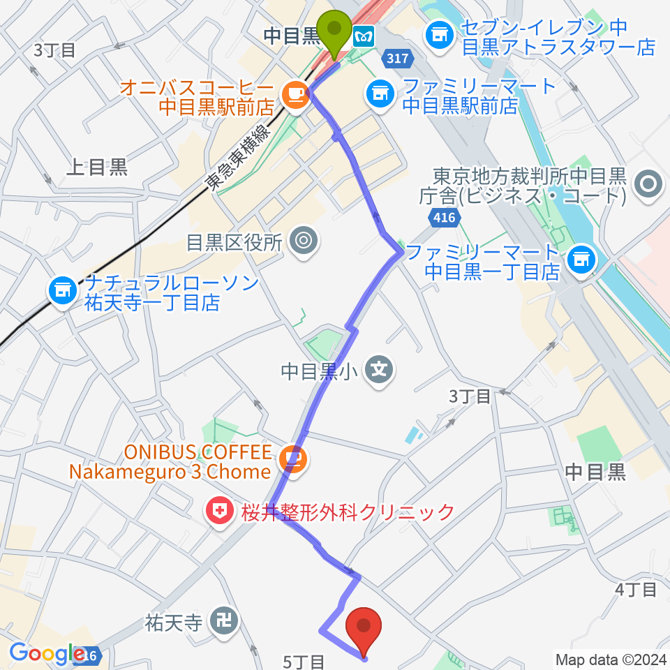 中目黒駅からジャズ・ソノール・ピアノ教室へのルートマップ地図