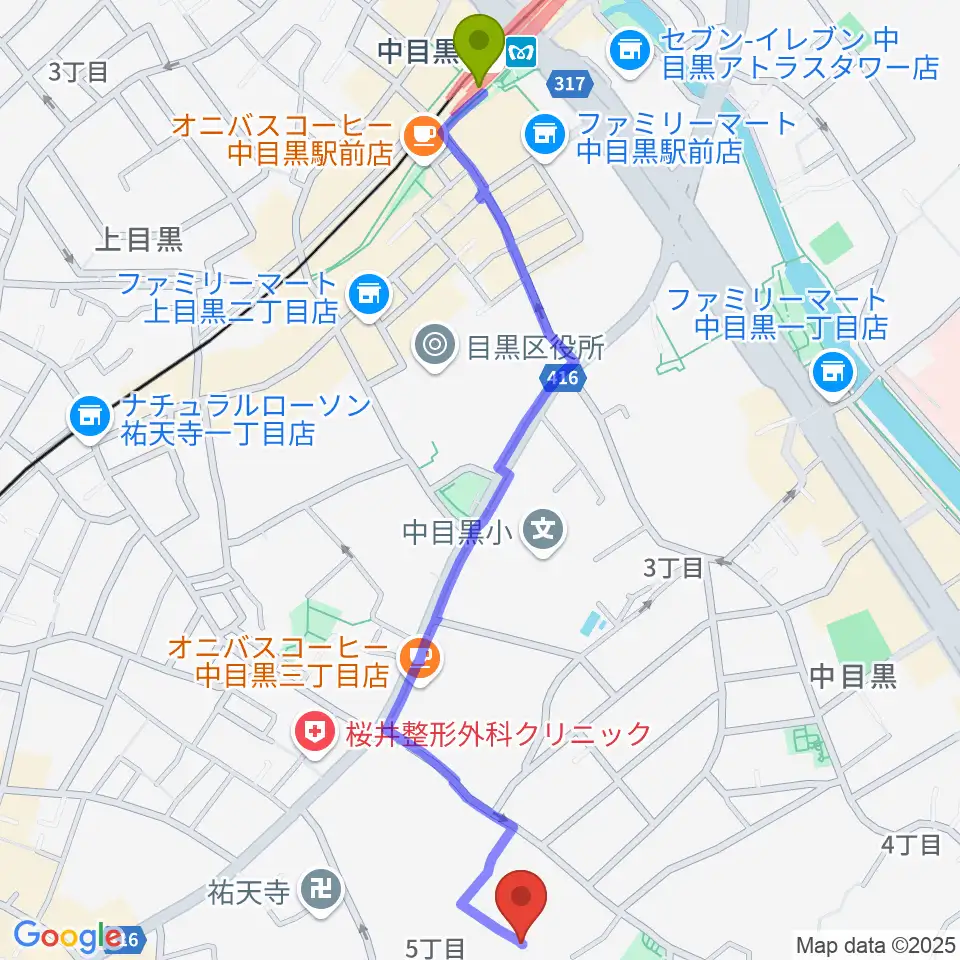 中目黒駅からジャズ・ソノール・ピアノ教室へのルートマップ地図