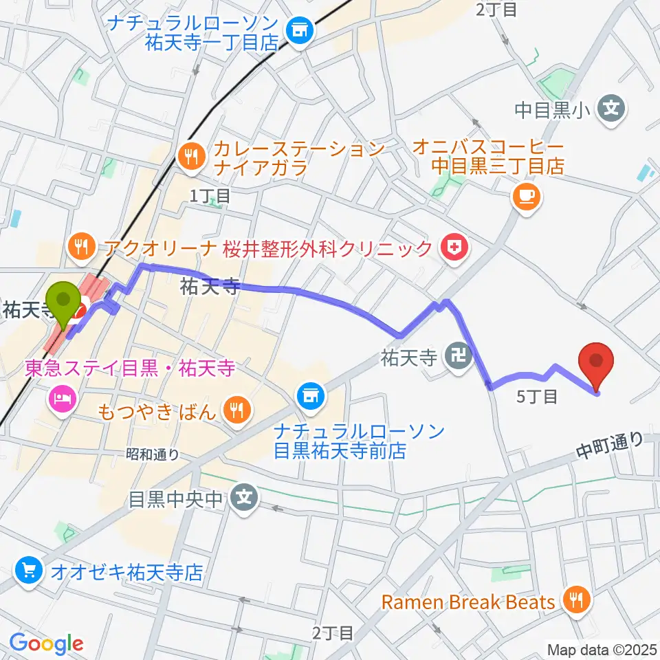 ジャズ・ソノール・ピアノ教室の最寄駅祐天寺駅からの徒歩ルート（約13分）地図