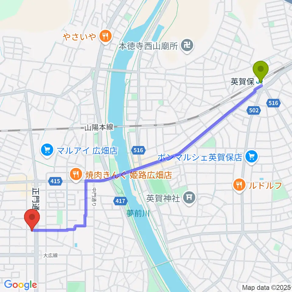 英賀保駅からやぎ楽器 広畑店へのルートマップ地図