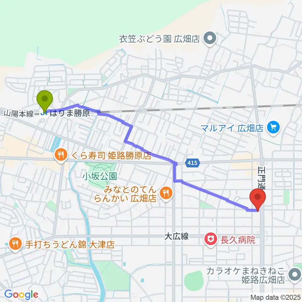 はりま勝原駅からやぎ楽器 広畑店へのルートマップ地図