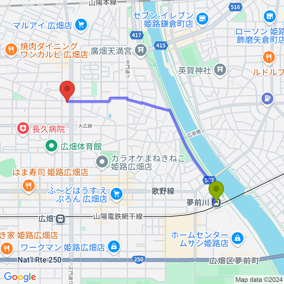 夢前川駅からやぎ楽器 広畑店へのルートマップ地図