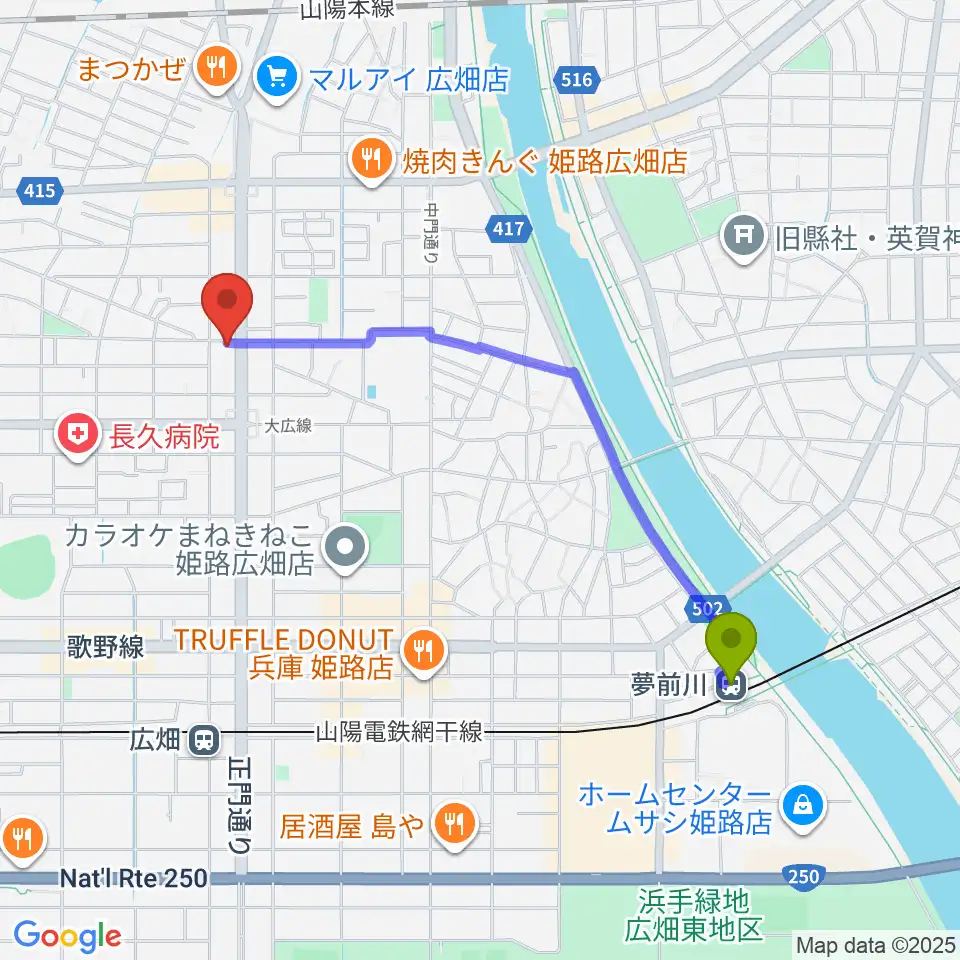 夢前川駅からやぎ楽器 広畑店へのルートマップ地図