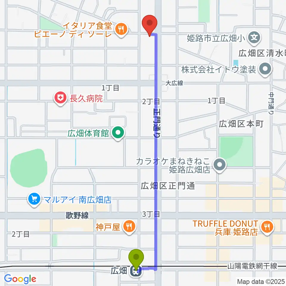 やぎ楽器 広畑店の最寄駅広畑駅からの徒歩ルート（約13分）地図