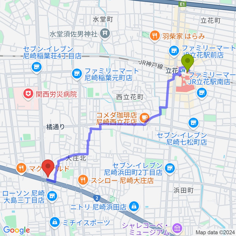 立花駅からライブスポットKURA へのルートマップ地図