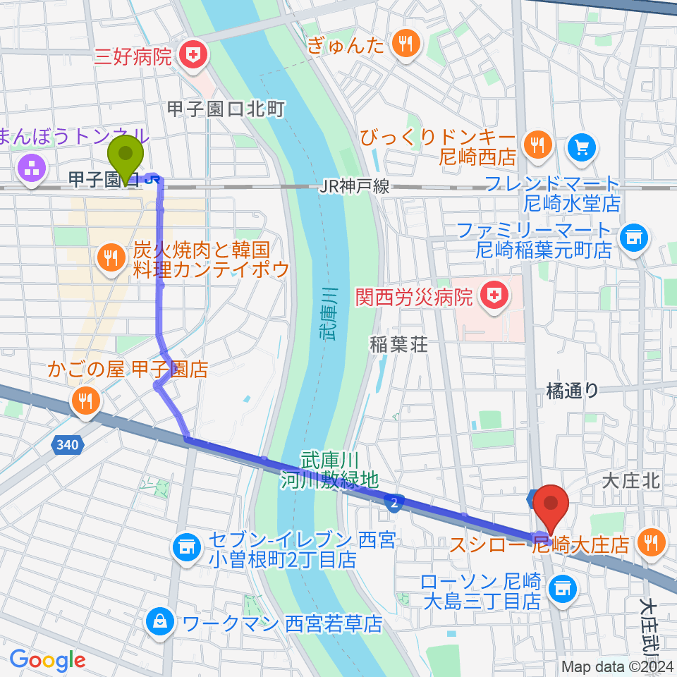 甲子園口駅からライブスポットKURA へのルートマップ地図