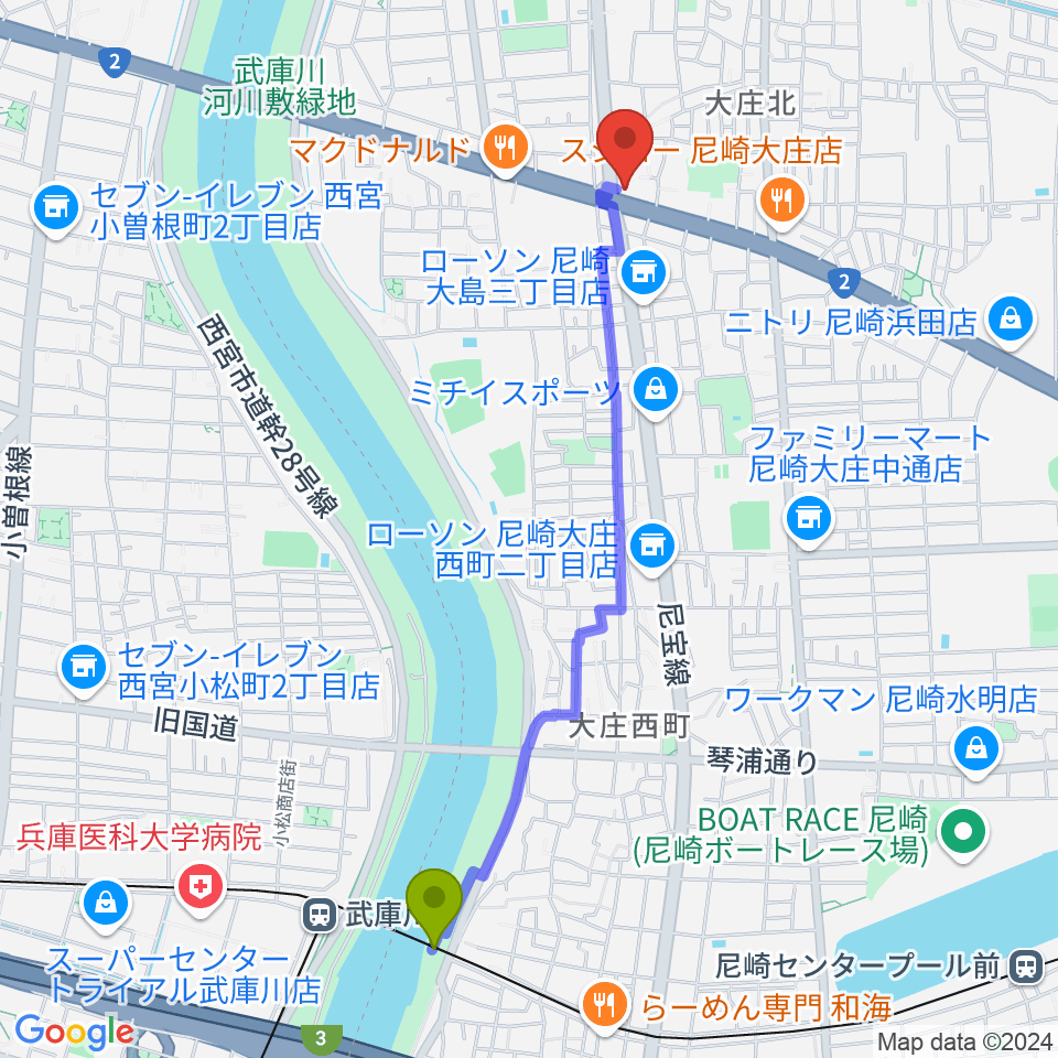 ライブスポットKURA の最寄駅武庫川駅からの徒歩ルート（約23分）地図