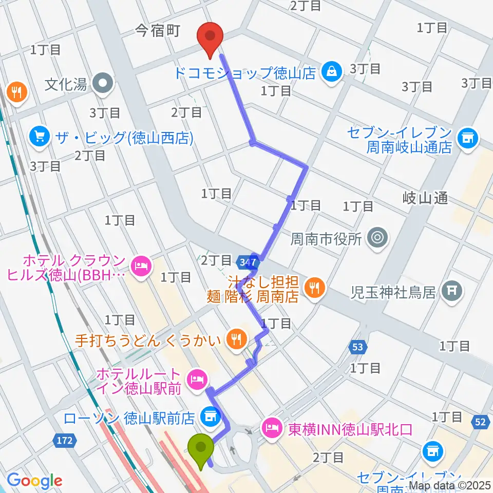 ポップス川上周南ピアノ館の最寄駅徳山駅からの徒歩ルート（約13分）地図