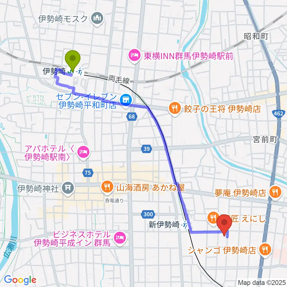 伊勢崎駅からREFUGE Isesaki Studioへのルートマップ地図