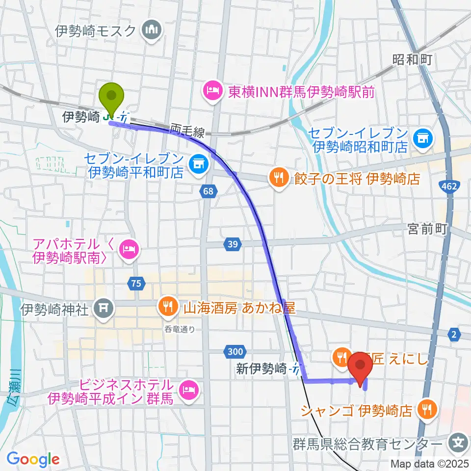 伊勢崎駅からREFUGE Isesaki Studioへのルートマップ地図