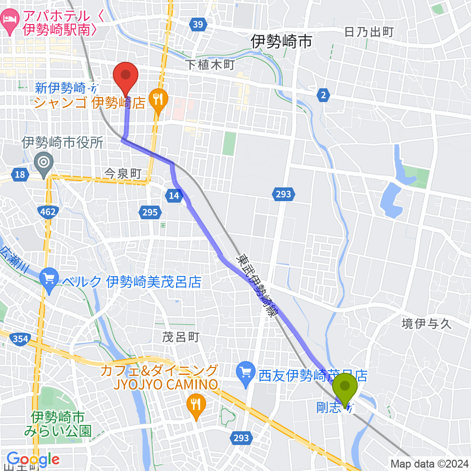 剛志駅からREFUGE Isesaki Studioへのルートマップ地図