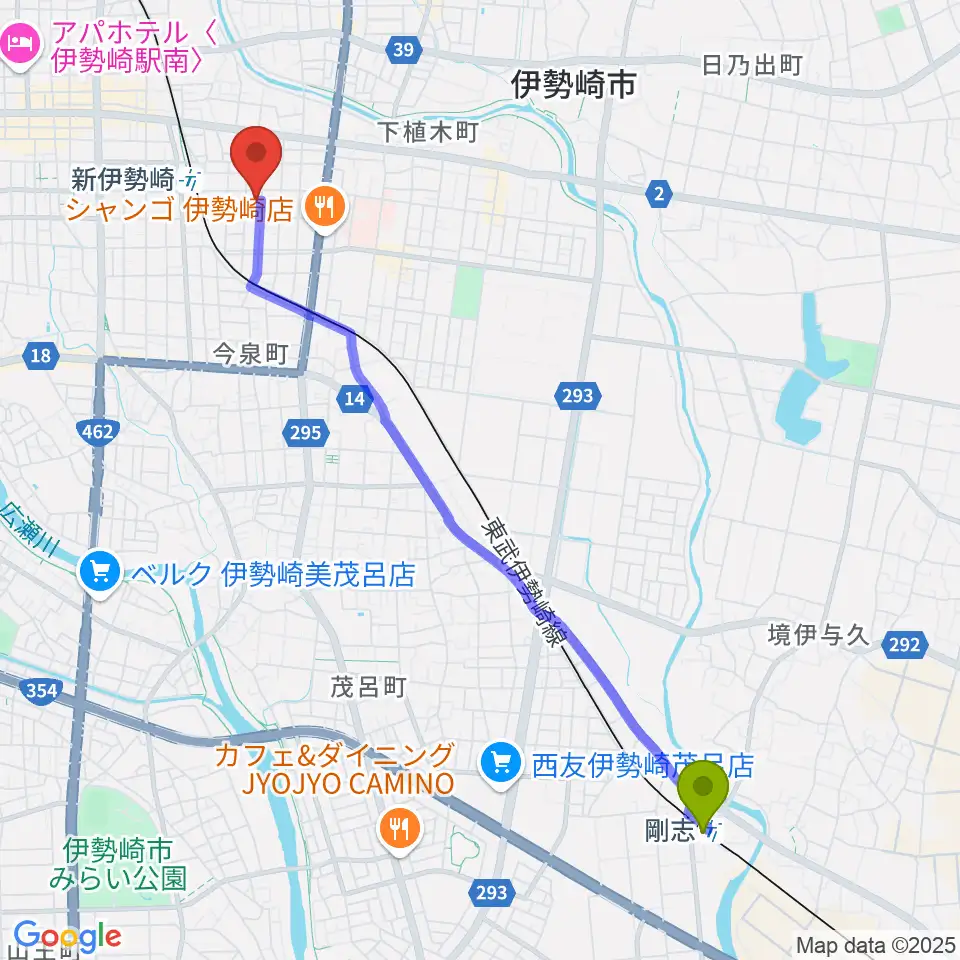 剛志駅からREFUGE Isesaki Studioへのルートマップ地図