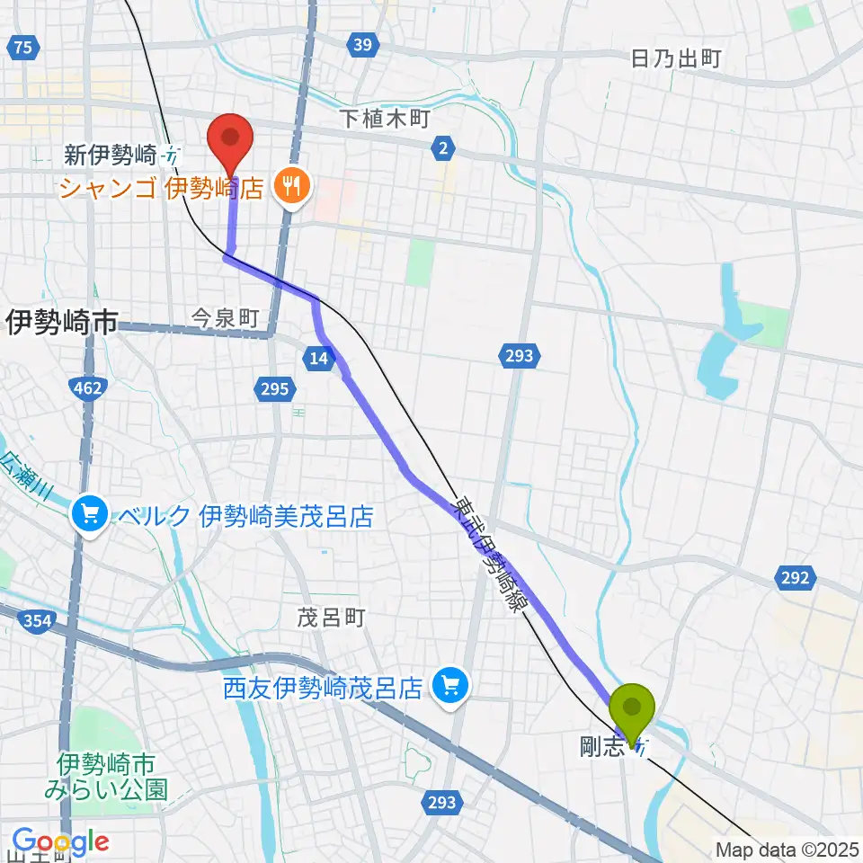 剛志駅からREFUGE Isesaki Studioへのルートマップ地図