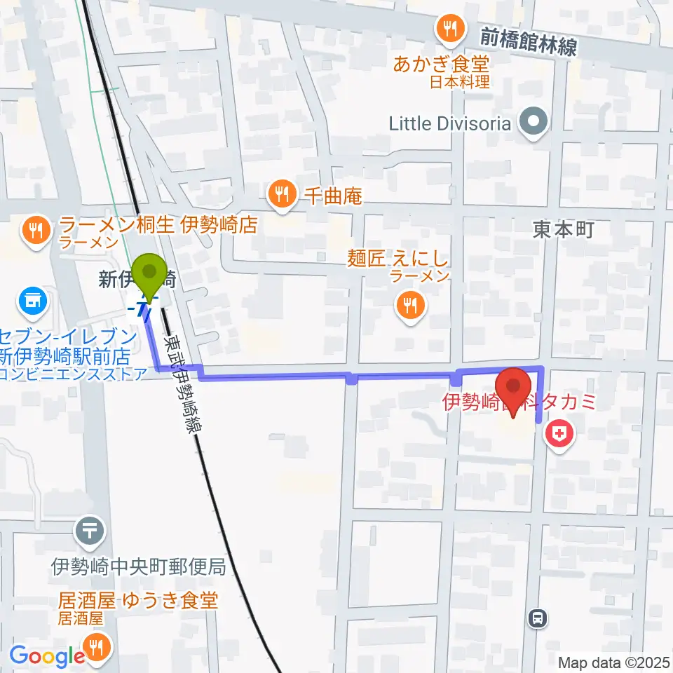 REFUGE Isesaki Studioの最寄駅新伊勢崎駅からの徒歩ルート（約4分）地図