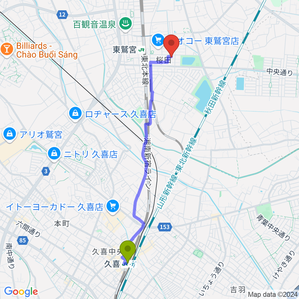 久喜駅から石井ヴァイオリン教室へのルートマップ地図