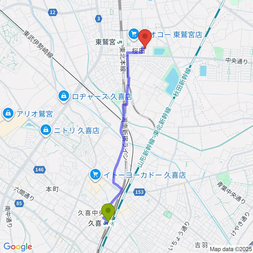 久喜駅から石井ヴァイオリン教室へのルートマップ地図