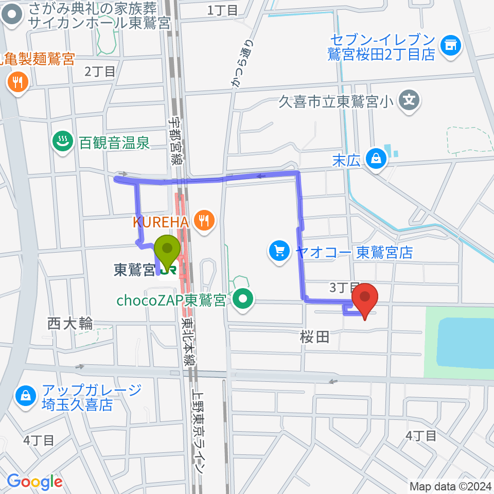 石井ヴァイオリン教室の最寄駅東鷲宮駅からの徒歩ルート（約6分）地図