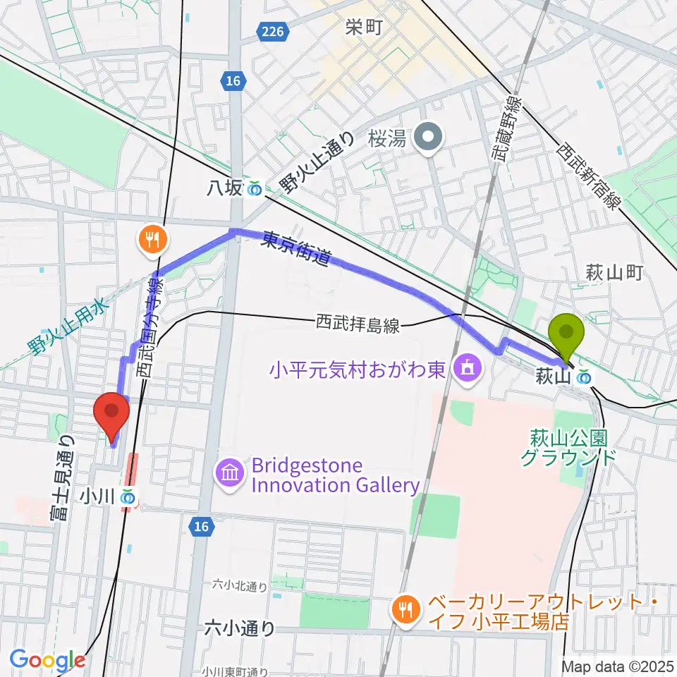 萩山駅からStudio Mへのルートマップ地図