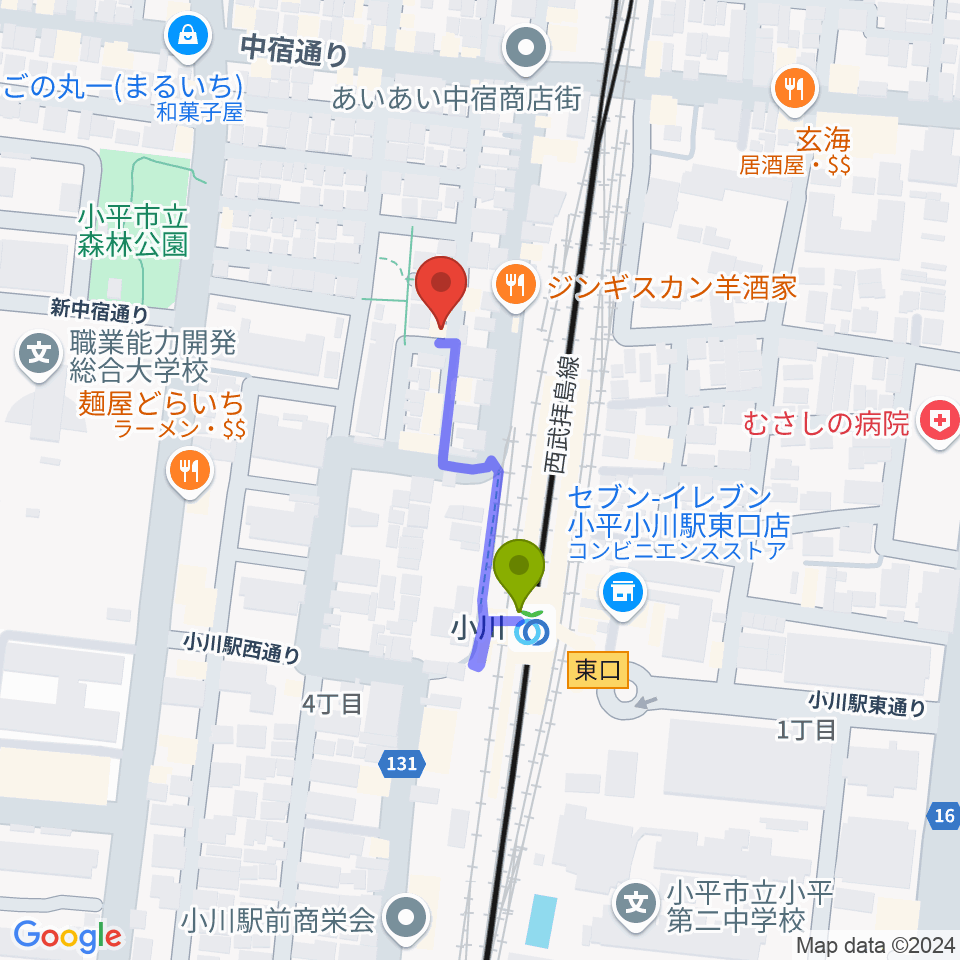 小川 STUDIO Mの最寄駅小川駅からの徒歩ルート（約2分）地図