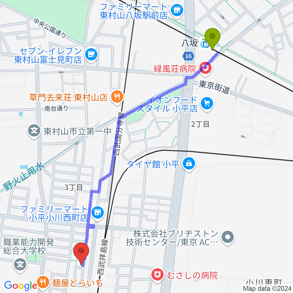 八坂駅から小川 STUDIO Mへのルートマップ地図